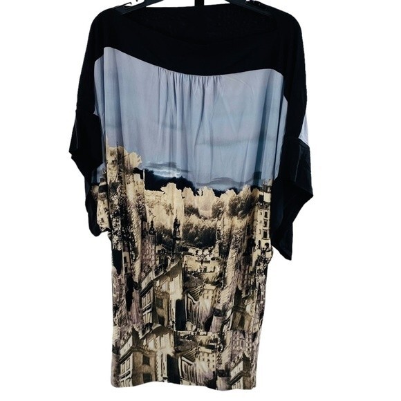 BCBG MaxAzria Size S CityScape Print Silky Dress Cocktail Mini Colorblock Retro - Picture 1 of 6